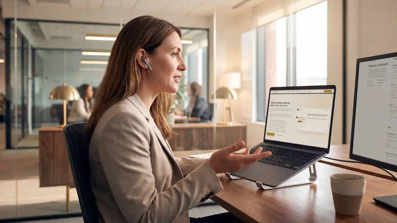 An operations manager asking AI Control a question on her laptop, a status page on the monitor beside her